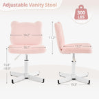 LUE BONA Upgraded Cute Bear Ear Vanity Chair for Teen Girls, Height Adjustable 13.8"-18.9" 360° Swivel Stool with Back Support, Stain Resistant Black Foot Caps, Teddy Velvet, 350lbs, Light Pink