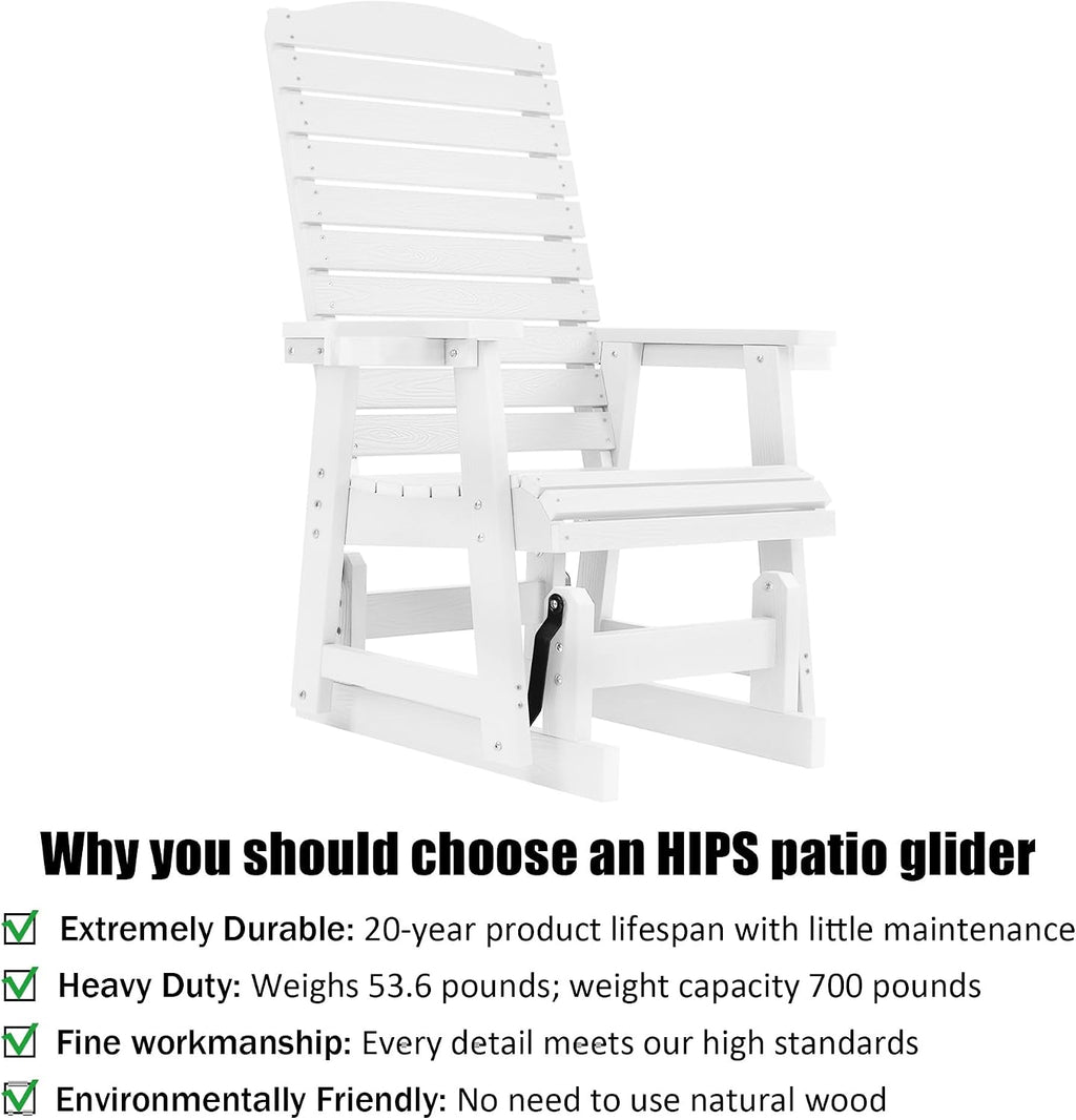 Poly Lumber Patio Glider with Cup Holders, High Backrest and Deep Contoured Seat, HIPS Material, All-Weather Resistant, Heavy Duty 700 Pounds (White, 1-Seat)