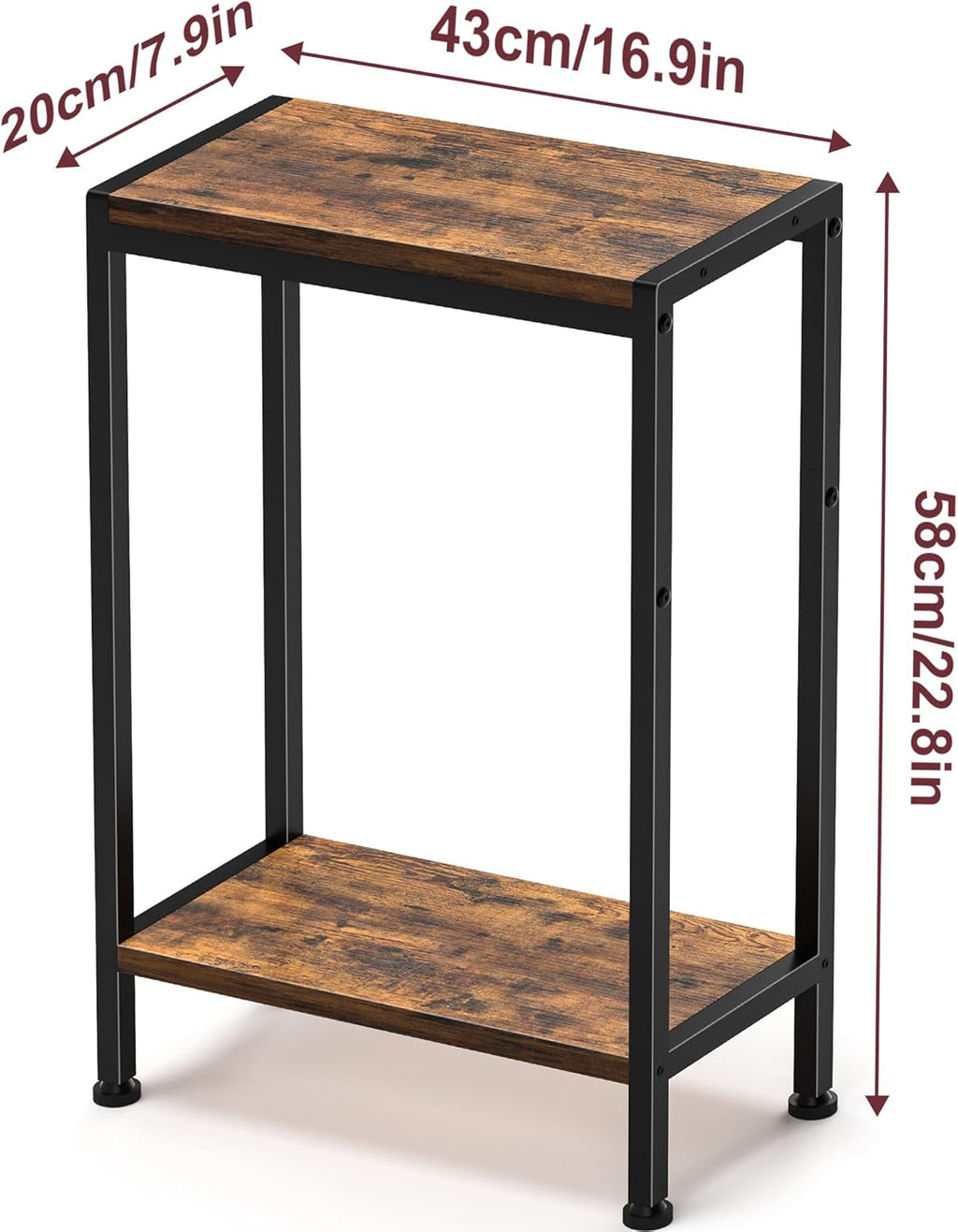 Narrow Side Table for Small Space, 2-Tier Slim End Table, Thin Nightstand, Skinny Snack Couch Table, Sofa Bedside Table in Living Room, Bedroom, Study, Kitchen and Balcony (Rustic Brown)