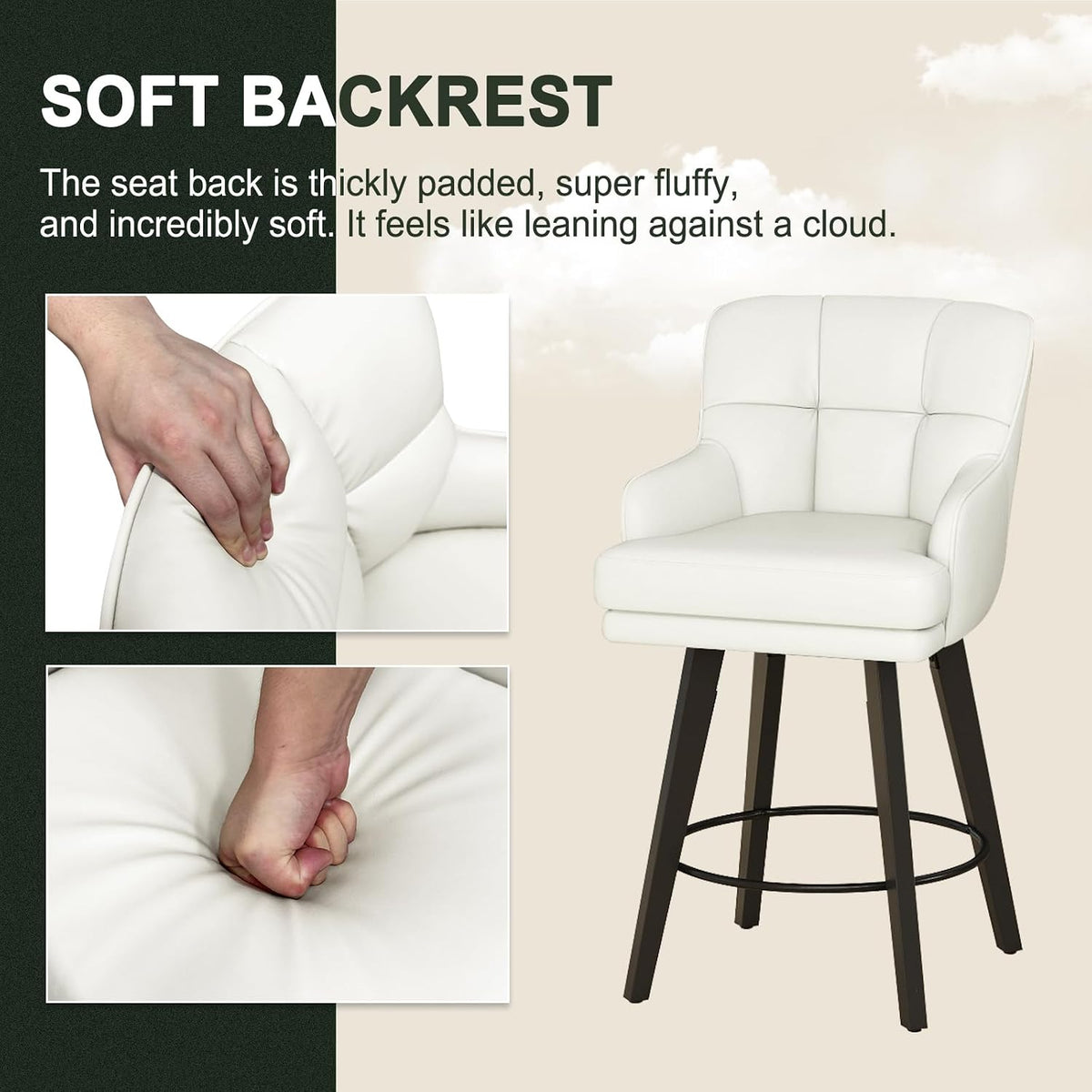 SAECKBERG 360°Swivel Counter Height Bar Stools with Back, 26 inch Solid Wood Legs, Bar Stool Modern Kitchen Island Chairs, Faux Leather (Beige- Faux Leather, 26" H- Set of 2)