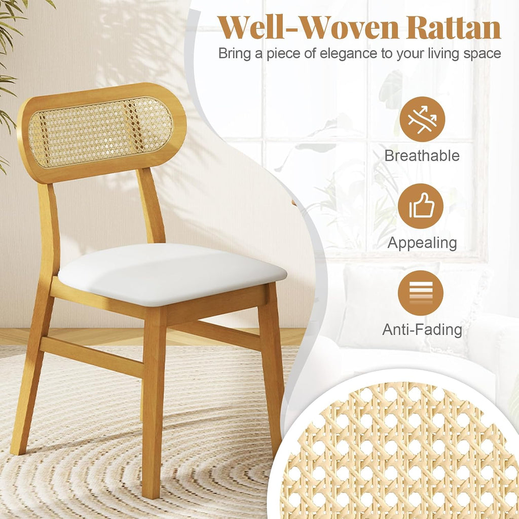 GOFLAME Wooden Dining Chairs Set of 4, Mid-Century Modern Kitchen Chairs with Upholstered Seat & Rattan Backrest, Faux Leather Cover, Armless Side Chairs for Dining Room, Restaurant, White