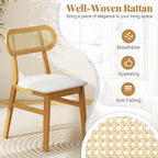 GOFLAME Wooden Dining Chairs Set of 4, Mid-Century Modern Kitchen Chairs with Upholstered Seat & Rattan Backrest, Faux Leather Cover, Armless Side Chairs for Dining Room, Restaurant, White
