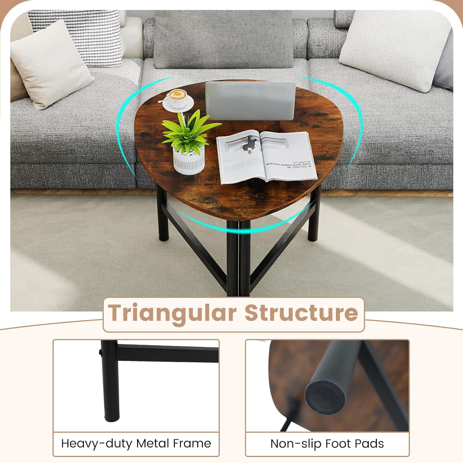 Giantex Triangle End Table, Wood Side Table with Metal Legs, Sofa Couch Accent Tables, Small Coffee Table for Small Space Living Room, Nightstand for Bedroom, Rustic Brown & Black