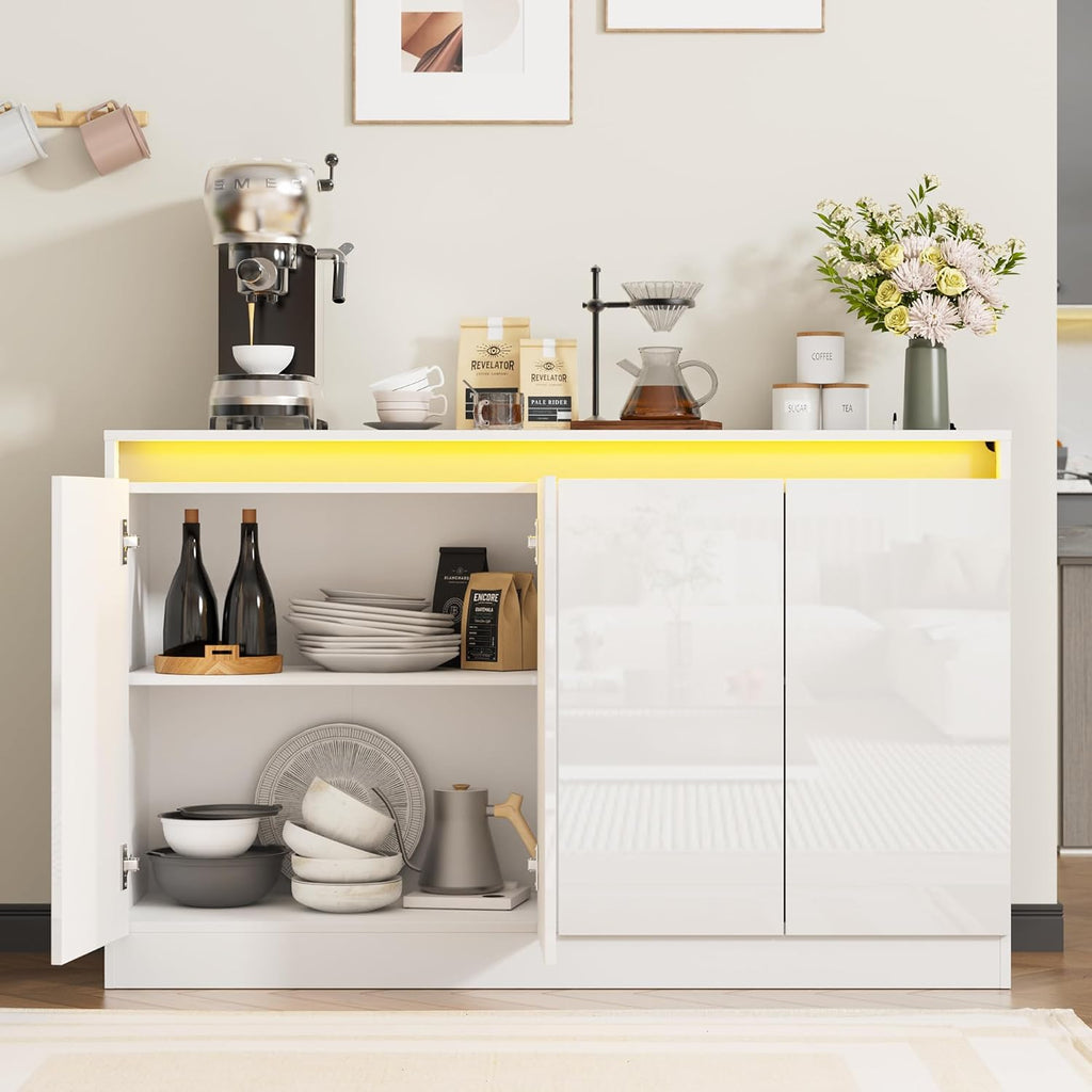 Furnify 51" W Buffet Cabinet with 4 Doors, High Gloss Dorr Sideboard Coffee Bar with LED Lights & Charging Station, Handless Modern Sideboard Storage Cabinet for Living Room, Entryway, White