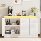 Furnify 51" W Buffet Cabinet with 4 Doors, High Gloss Dorr Sideboard Coffee Bar with LED Lights & Charging Station, Handless Modern Sideboard Storage Cabinet for Living Room, Entryway, White
