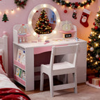 Teckid Kids Vanity Table and Chair Set with Lighted Mirror Storage Drawers Shelves for Little Girls | Open Bookshelf, Shelves, Drawers and Storage Cabinet