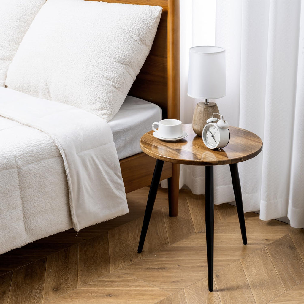 MyGift 20.5 Inch Mid Century Round End Table, Premium Acacia Solid Wood Accent Side Table with Black Metal Tapered Legs