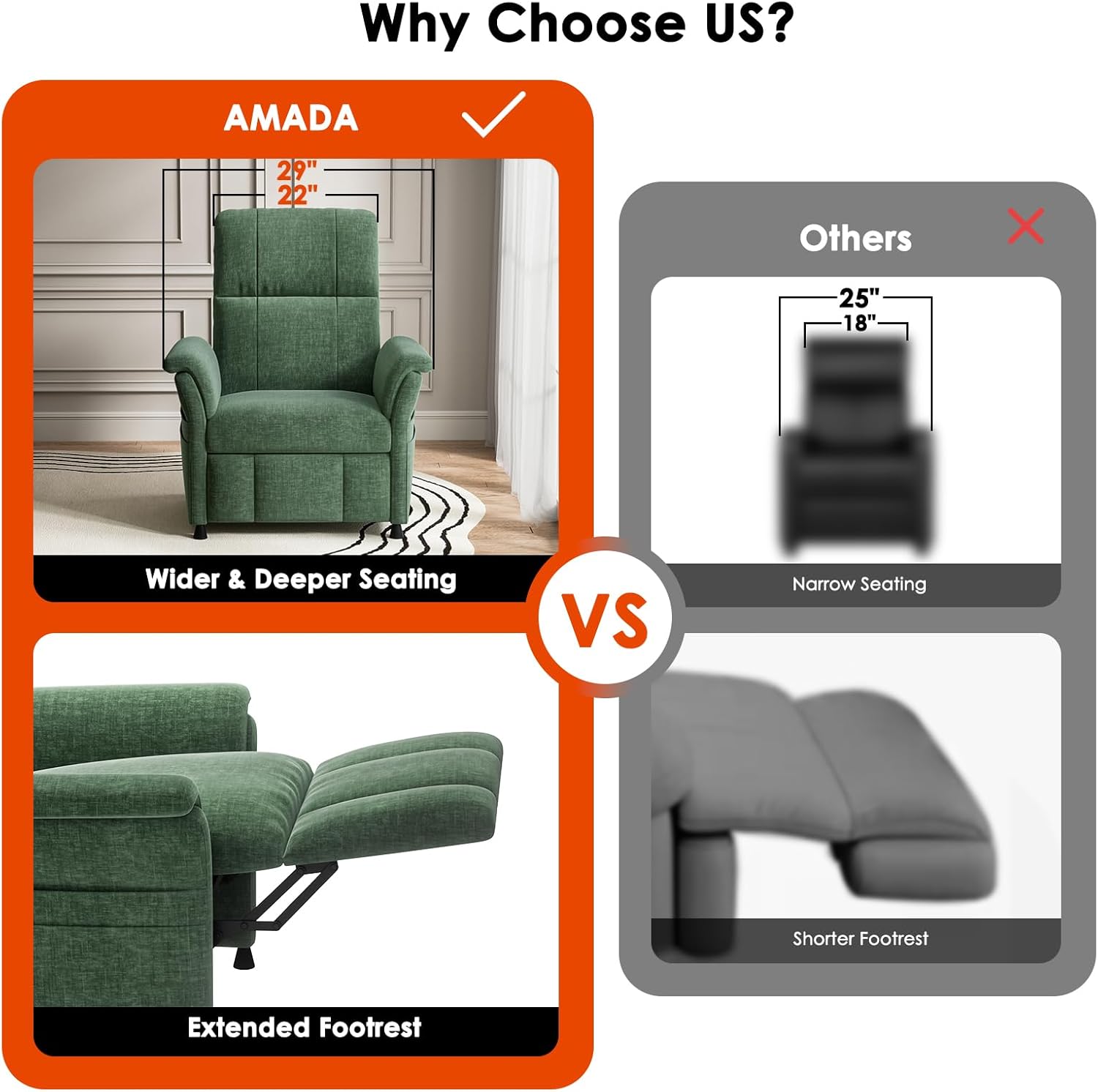 AMADA HOMEFURNISHING Power Recliner Chair for Adults, Adjustable Modern Chenille Reclining Chair with Side Pockets, Remote, Footrest, Thick Seat Cushion for Home Theater, Living Room, Bedroom & RV