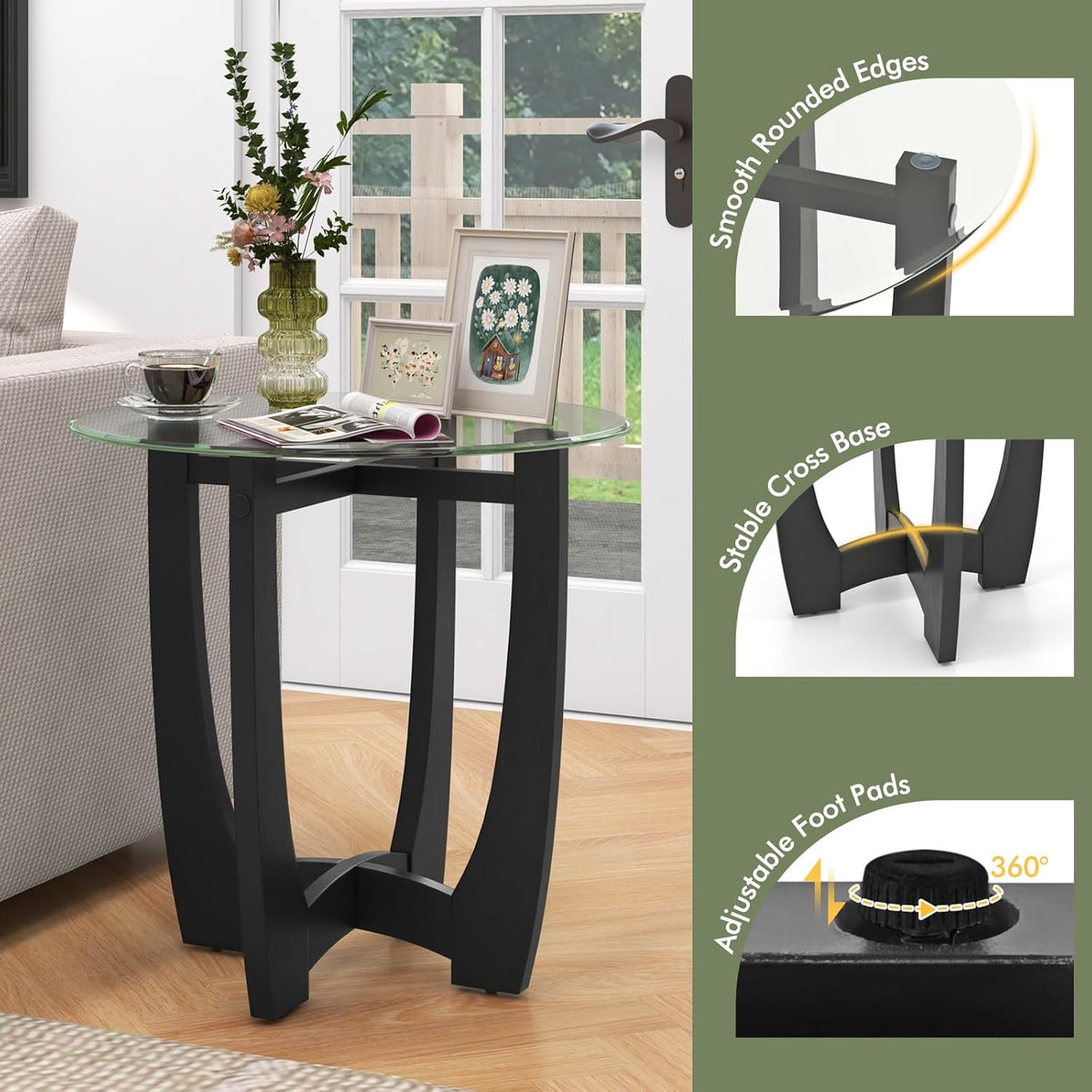 Giantex Glass End Tables Set of 2, Round Side Tables with Rubber Wood Frame & Tempered Glass Top, 23.5" Small Black Coffee Table, Modern Glass Nightstand for Living Room Balcony Bedroom, Easy Assembly