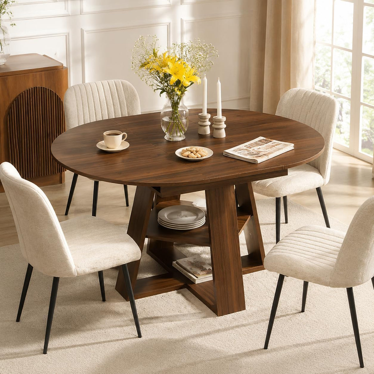 43"-59" Extendable Round to Oval Wooden Dining Table | 1.2" Thick MDF Tabletop,20" Storage Shelf,Smooth Silent Glides,Small Spaces Apartment Kitchen Dining Room,Walnut
