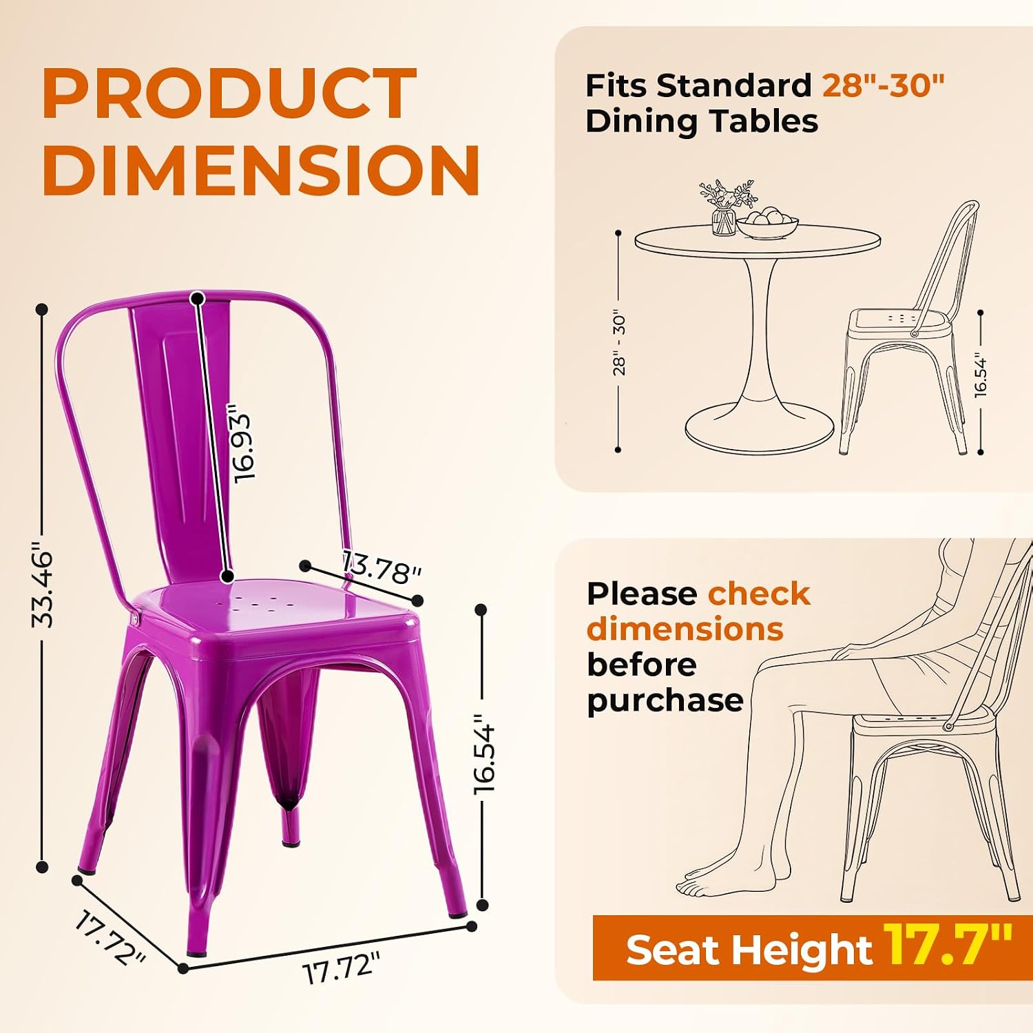 Metal Dining Chairs Set of 2 Enchanting Purple | Stackable Tolix Style Chairs for Kitchen,Restaurant,Bistro,Patio,Cafe&Outdoor, 18 Inch Seat Height,Industrial