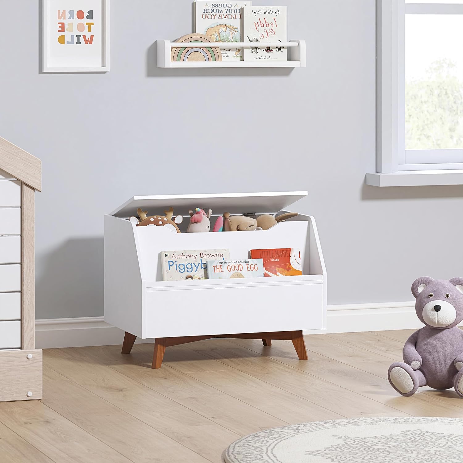 UTEX Kids Toy Box, Toy Chest with Bookshelf, Kids Storage Organizer Bench | Wooden Toy Trunk With Lit, Gently Tapered Solid Wood Legs, Boys and Girls, Toy Room, Small Room, Playroom, Gift, White