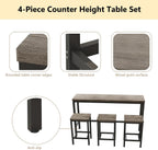 Merax Modern Design 4-Piece Counter Height Extra Long Dining Table Set with 3 Stools and Side Table with Footrest,Space-Saving Pub Kitchen Set,Easy Assembly,Brown Gray