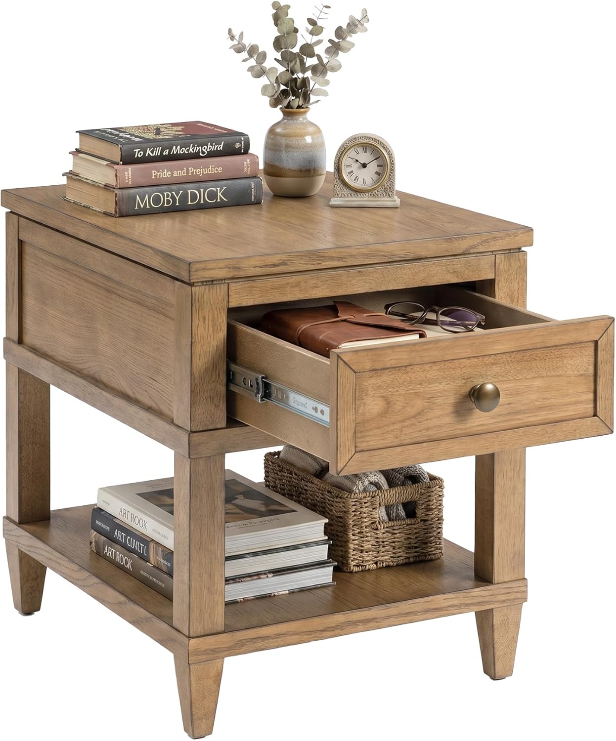 Signature Design by Ashley Sharlance End Table with Drawer, Built-in USB-A & USB-C Charging Ports, Hardwood and Hickory Veneer Side Table for Living Rooms, Light Brown, 20'' W x 26'' D x 24'' H