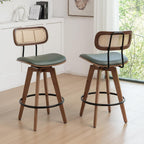 26" Rattan Bar Stools Set of 2, Faux Leather Counter Height Swivel Barstools with Rattan Backrest/Wooden Legs,Armless Mid Century Modern Bar Chairs for Kitchen/Dining Room/Bar Chairs,Green PU