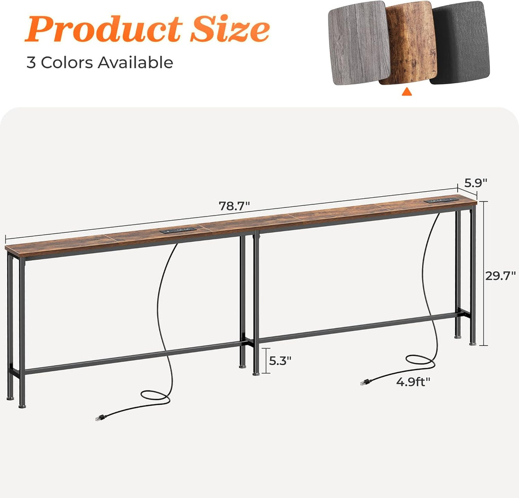SUPERJARE 79 Inch Sofa Table with 2 Power Outlets and USB-C Ports, 5.9 Inch Narrow Console Table with Storage, Long Entryway Hallway Couch Table Behind Sofa, Small Spaces, Rustic Brown AST001Z
