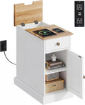 WLIVE End Table with Charging Station, Narrow Sied Table with Drawer & Cabinet, Side Table with Adjustable Shelf for Living Room/Bedroom, Farmhouse Nightstand with Hidden USB Ports and Outlets, White