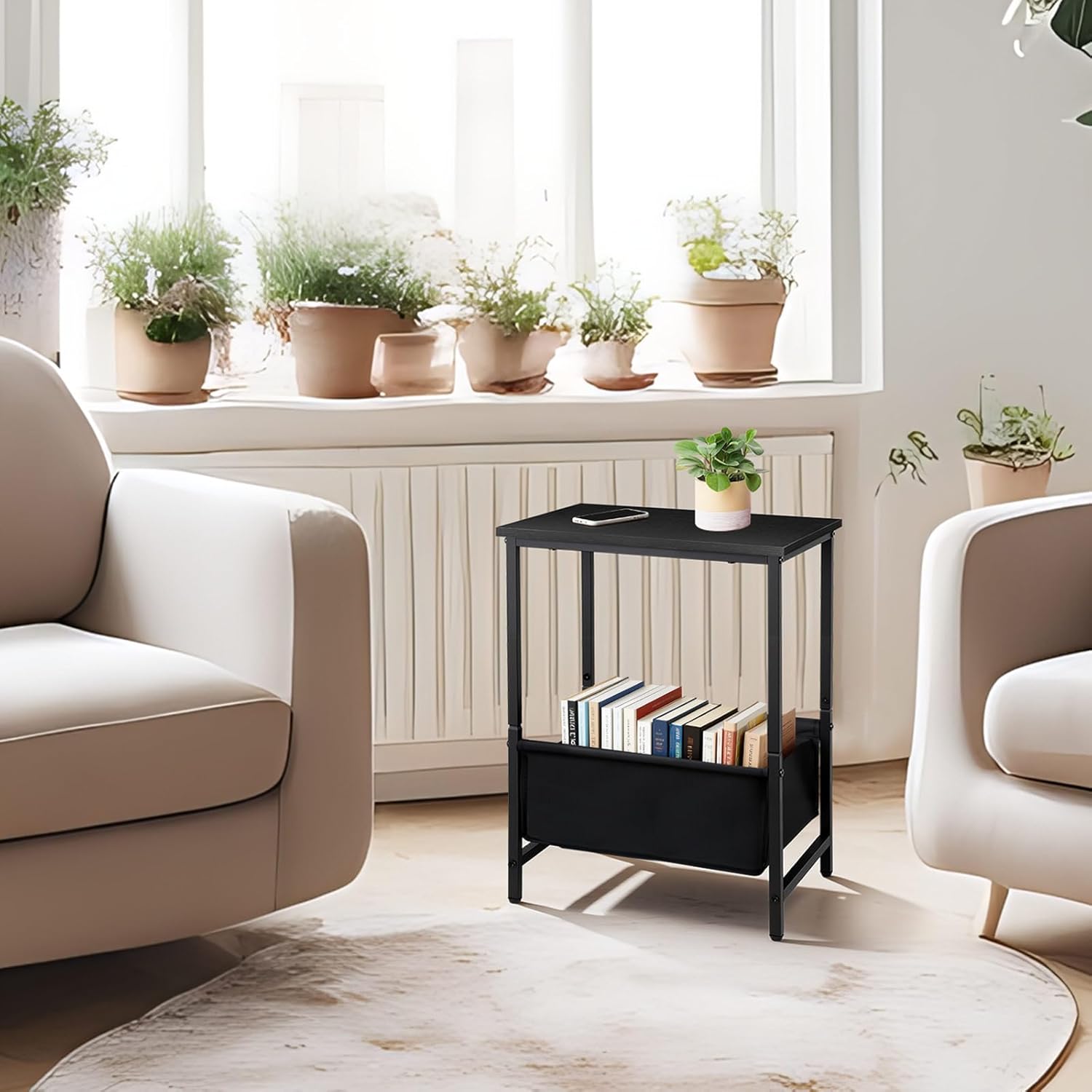 Small End Tables Set of 2, 2 Tier Side Tables with Fabric Storage Basket, Nightstands for Living Room, Bedroom, Office and Small Spaces, Black