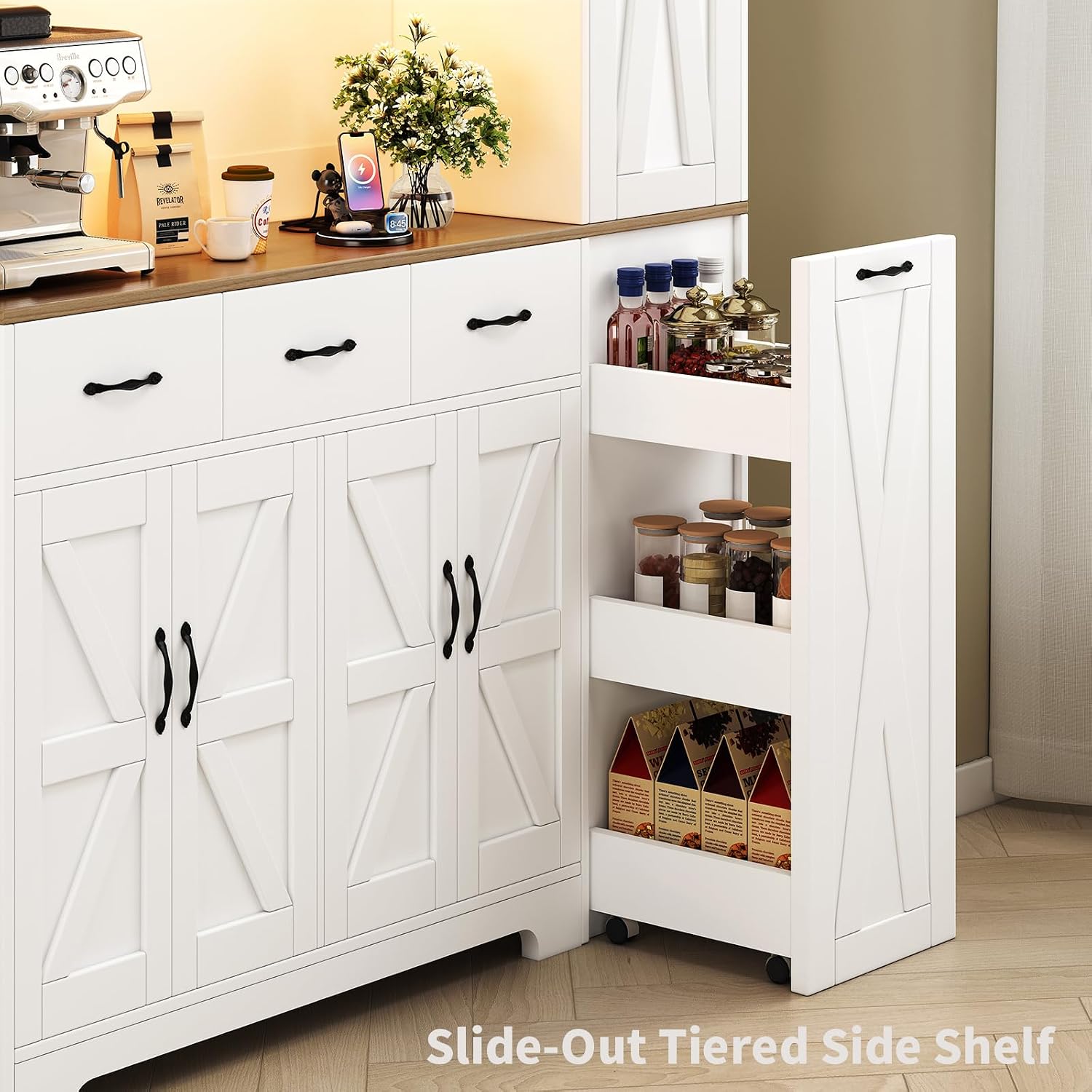 70.9" Tall Farmhouse Pantry Cabinet with Pull-Out Storage Cart & LED Lights, Modern Kitchen Storage Hutch with Charging Station, 9 Doors 3 Drawers Adjustable Shelves for Dining Living Room, White