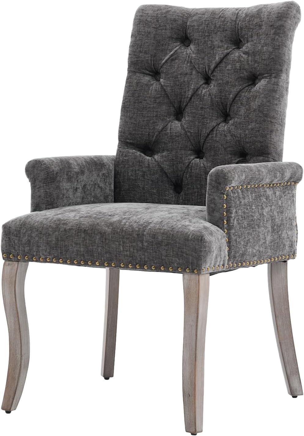 cinkehome Upholstered Dining Chairs, Dining Room Kitchen Chair with Armrest and Solid Wood Leg, Mid Century Modern Side Chairs (Gray, Chenille)
