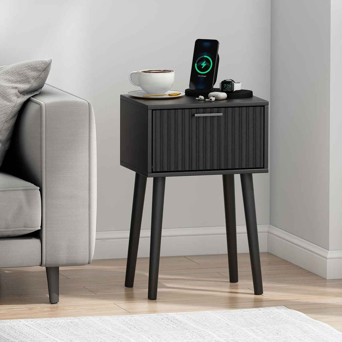 LAATOOREE Nightstands Set of 2, Small Side Table, Bedside Table with Fluted Door, Solid Wood Feet, Modern Mid-Century End Table for Bedroom, Small Space, Black