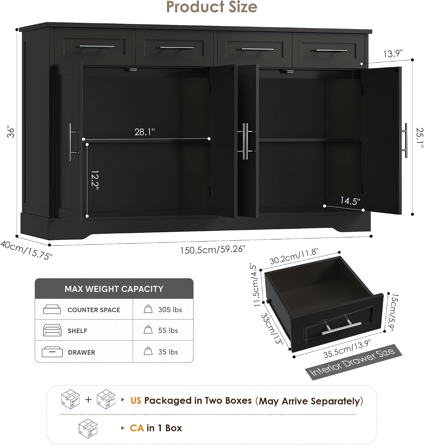 HOSTACK 60" W Sideboard Buffet Cabinet with Storage, Kitchen Cabinet, Black