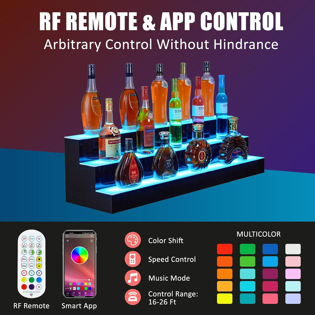 60" 3-Tier LED Lighted Liquor Bottle Shelf,Backlit Bar Display with Remote & App Control, 16 Color Options, 4 Modes & 1-8 Hour Timer, Modern Shelving Unit for Home Bars, Restaurants & Nightclubs, Plug