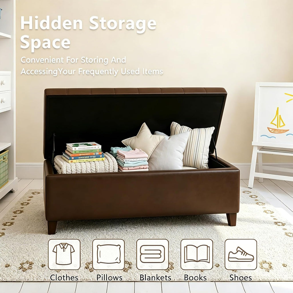 Joveco 51 Inch Storage Bench,Leather Tufted Storage Ottoman with Legs | Safety Hinges,Wooden Legs,Upholstered,End of Bed,Bedroom,Living Room,Entryway,330LBS,Brown