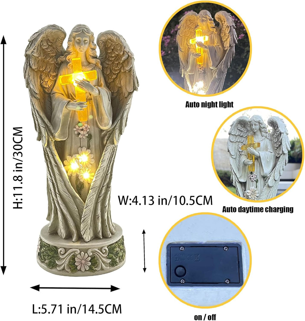 Angel Statue for Garden, Solar Angel for Cemetery Decorations, Unique Funeral Memorial Gifts, Praying Angel Cross Memorial Statue