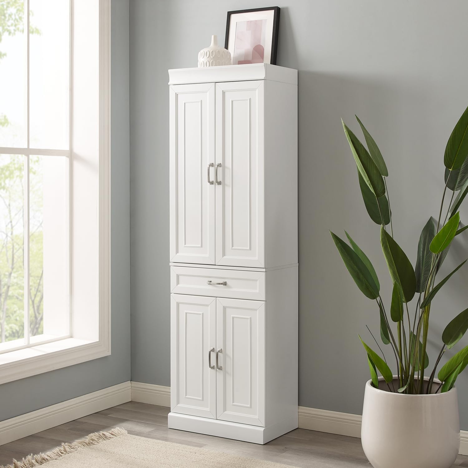 Maykoosh White Kitchen Pantry Cabinet - Adjustable Shelves & Full Extension Drawer