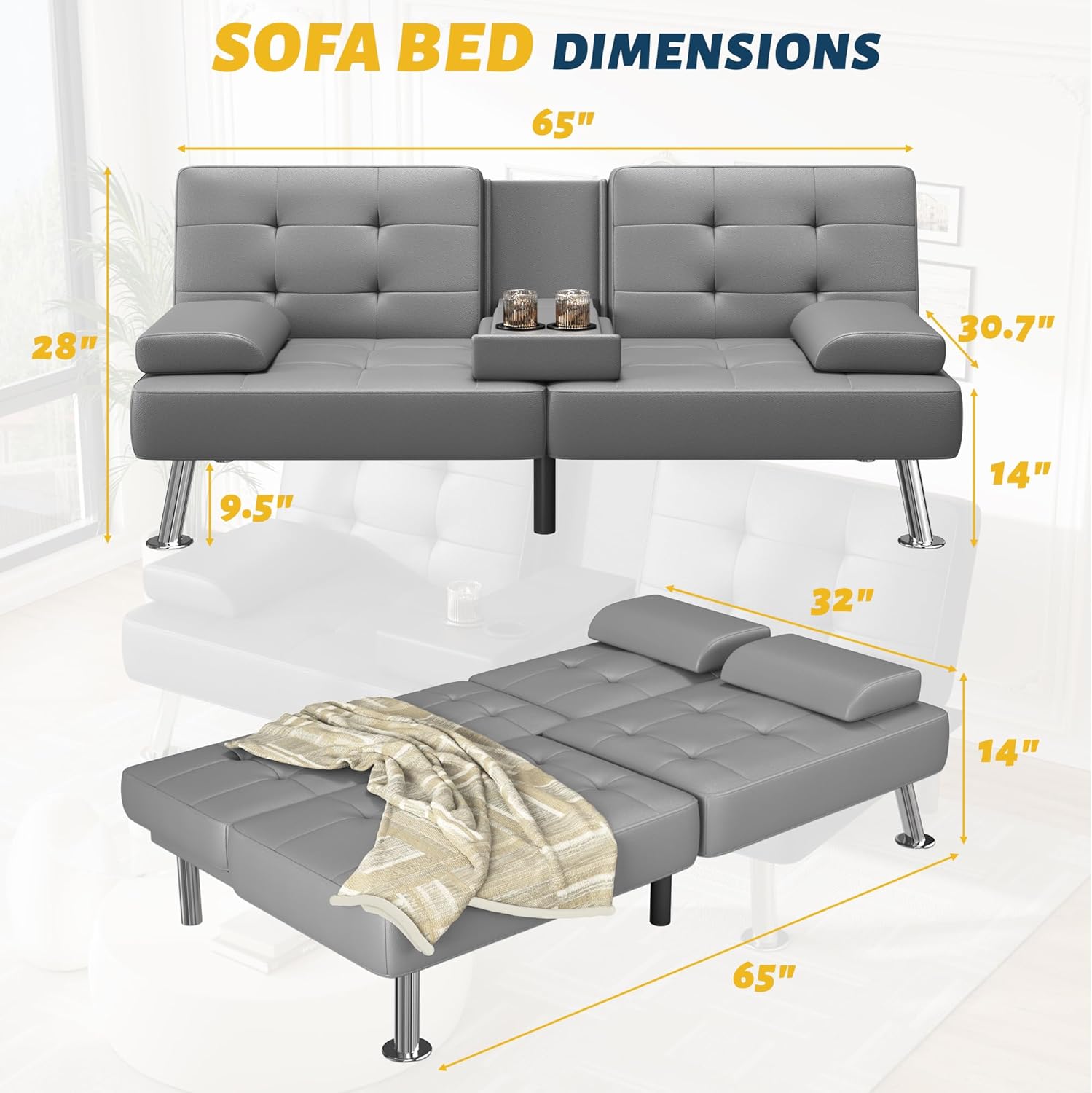 Furmax Futon Sofa Bed Adjustable Futon Couch Sleeper Sofa Bed for Living Room, Business Office, Recliner Sofas with Cup Holders (PU Leather, Gray)