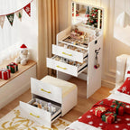 Small Makeup Vanity Desk with Flip up Mirror and Lights(White) | 3 in 1 Vanity Table with Charging Station,Glass Top,3 Drawers,Compact Dressing Table with Wheel Storage Stool for Bedroom