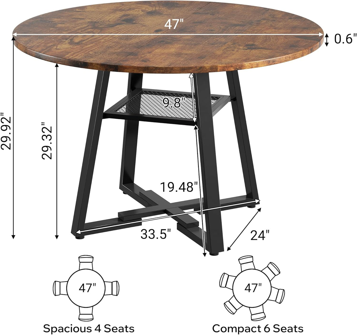 47 Inch Round Dining Table for 4-6 People,Modern Circle Dining Room Table Kitchen Table with Metal Legs for Dining Room,Kitchen,Vintage(Table Only)