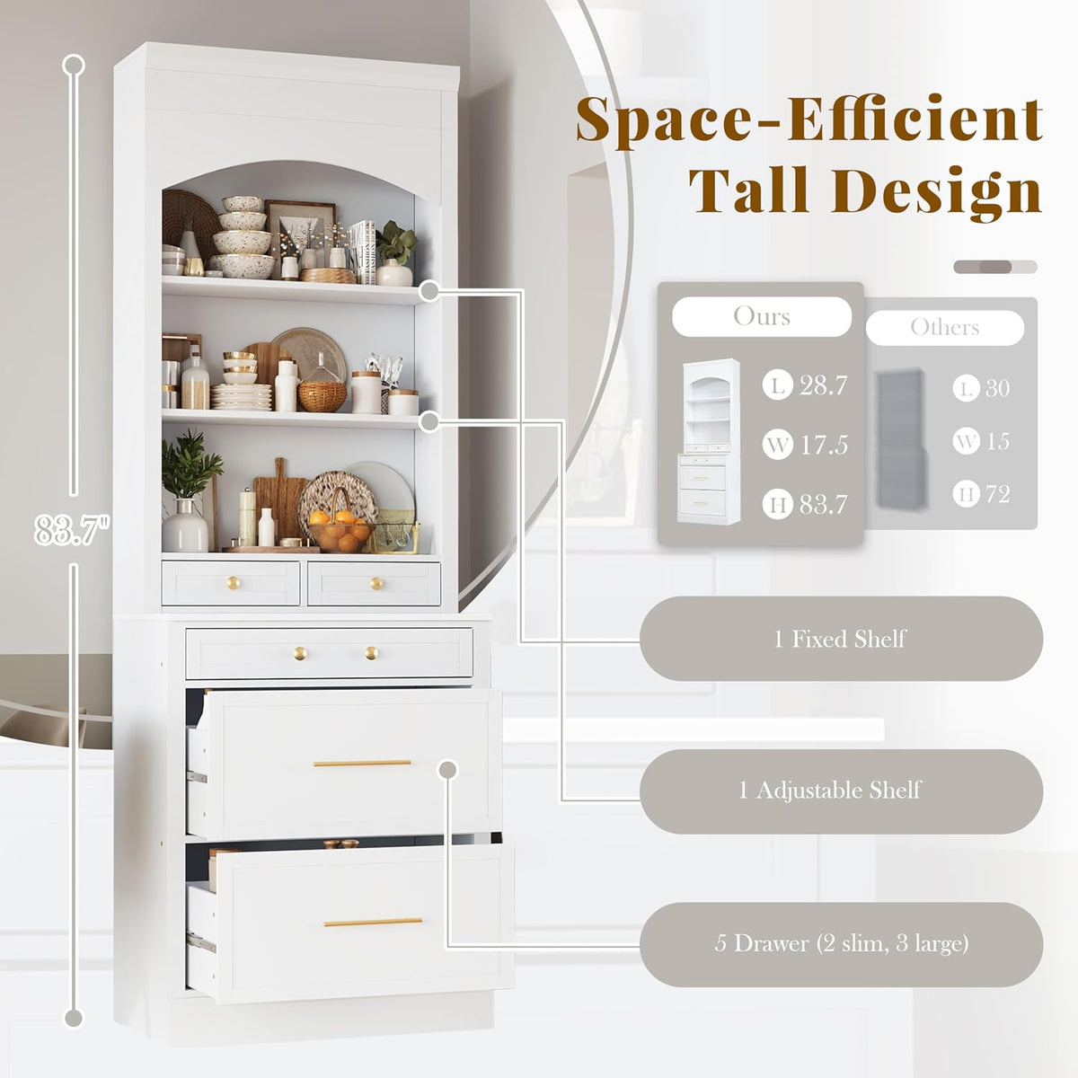 Mirightone 83.7Inch Tall Kitchen Pantry Cabinet, Corner Cabinet with 5 Storage Drawers and Adjustable Shelf, Freestanding Kitchen Pantry with Faux Marble Top, Set of 2, White