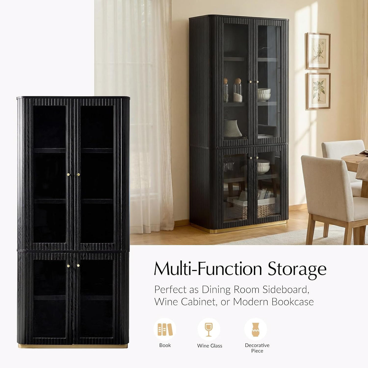 HULALA HOME Modular Display Storage Cabinet, 79.5" Tall Fluted Bookcase with Glass Doors, Modern Pantry Cabinet for Dining Room Home Office Living Room, Black