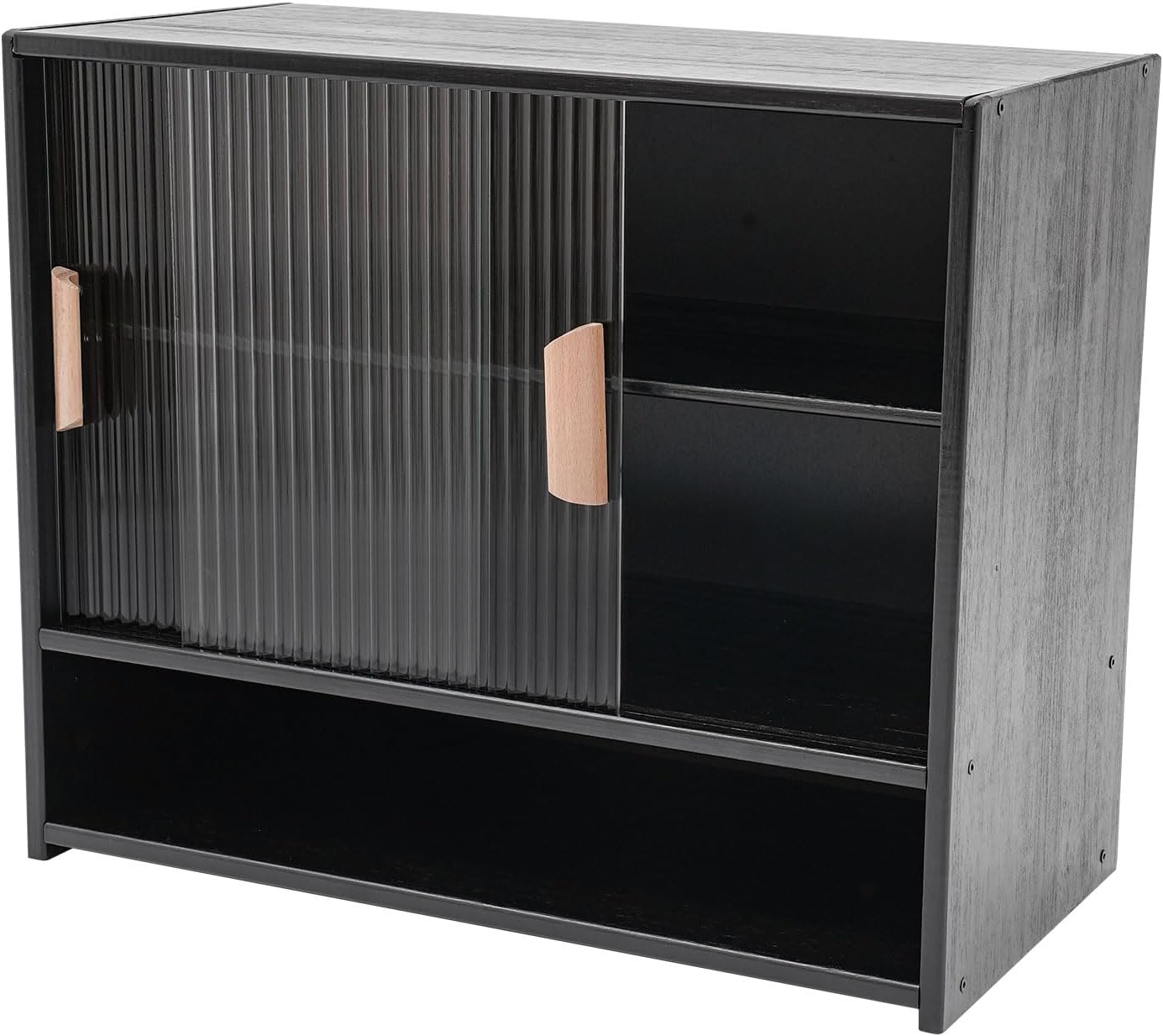 Countertop Storage Cabinet with 2 Sliding Striped Glass Doors, Freestanding Kitchen Bamboo Pantry Sideboard with Adjustable Shelf, Black Utility Cupboard for Home Bar, Coffee Bar