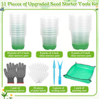 Caffox 51PCS Reusable Seed Starter Kit Includes 26 Packs 3 Sizes Clear Nursery Pots with Silicone Base, Repotting Mat, Gardening Gloves, Plant Labels and Seedling Tools for Easy Transplant