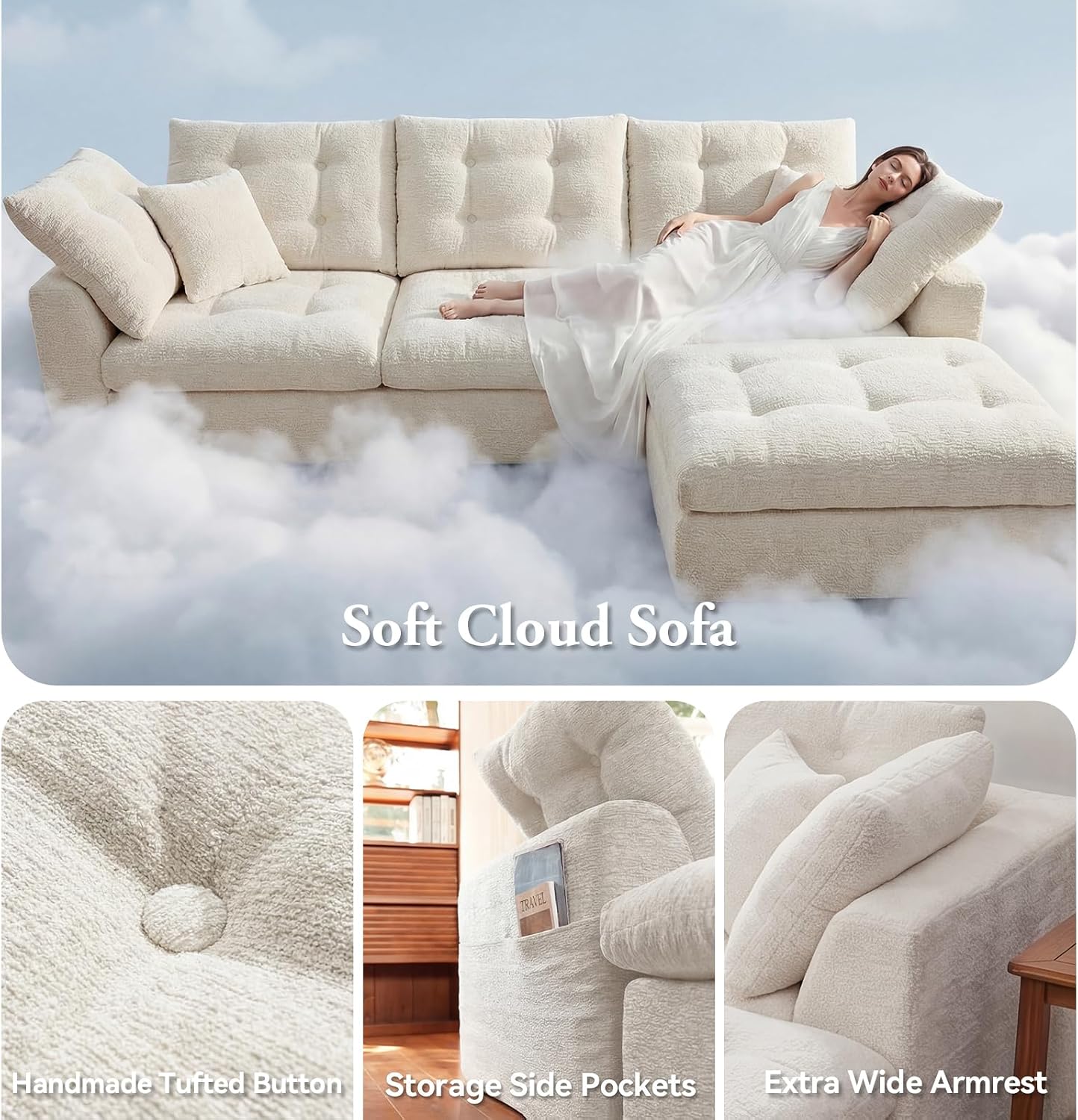 110" Oversized Cloud Sectional Couch, Modular Chenille L-Shaped Compressed Sofa with Ottoman & 3-in-1 Multi-Purpose Pillow, 3 Seater Memory Foam Couches for Living Room, Beige