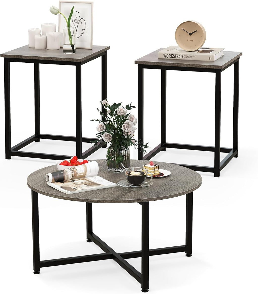 COSTWAY Coffee Table Set of 3, Wood Grain Round Coffee Table and 2 Square End Side Tables with Metal Frame, Modern 3-Piece Living Room Tables Set for Small Space, Apartment (Gray & Black)