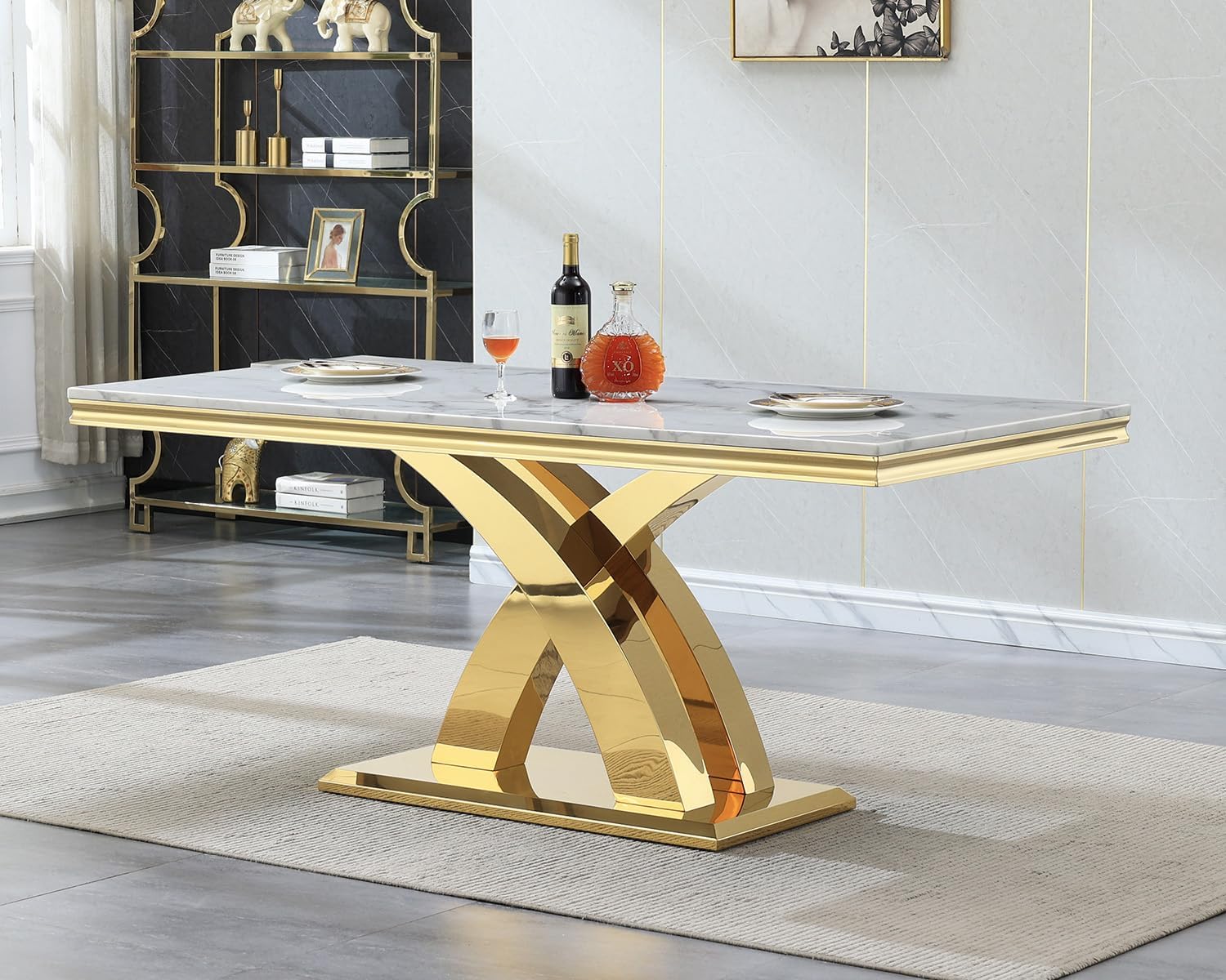 Modern Marble Dining Table for 6-8, 68" Faux Marble Kitchen Table with Gold X-Shape Stainless Steel Base,Luxury Rectangular White Marble Dining Room Table for Home Office Kitchen Dining Room