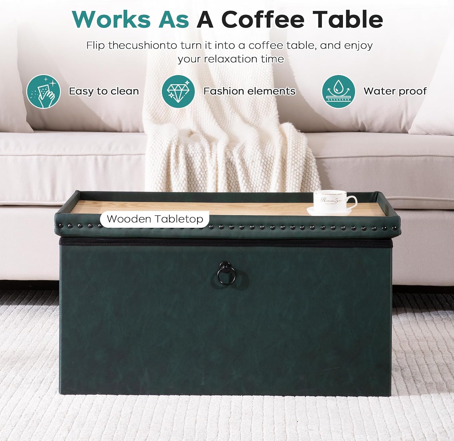 oakvivo Folding Storage Ottoman Bench, Leather Foot Rest Stools with Rivet Design, 15" D x 30" W x 15" H, Ottoman with Storage End of Bed Bench Footstool for Living Room Bedroom, Load 330 lb, Green