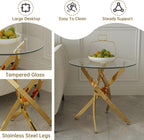 Round Glass End Table with Clear Tempered Glass Top & Cross Stainless Steel Legs, Modern 23.6" Circle Side Table for Living Room, Bedroom, Apartment, Easy to Clean, Gold