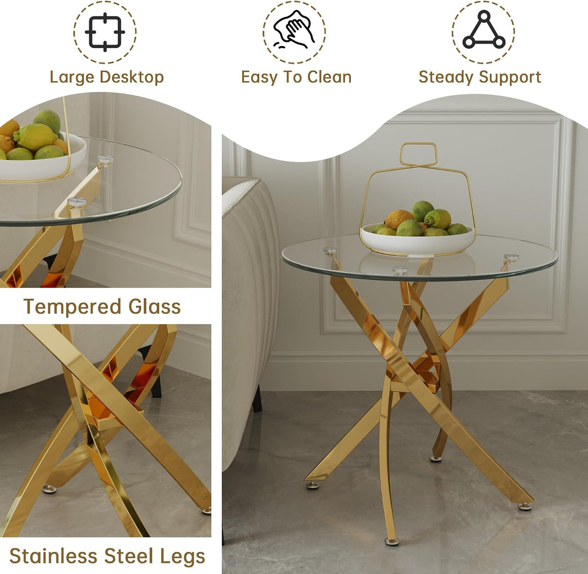 Round Glass End Table with Clear Tempered Glass Top & Cross Stainless Steel Legs, Modern 23.6" Circle Side Table for Living Room, Bedroom, Apartment, Easy to Clean, Gold