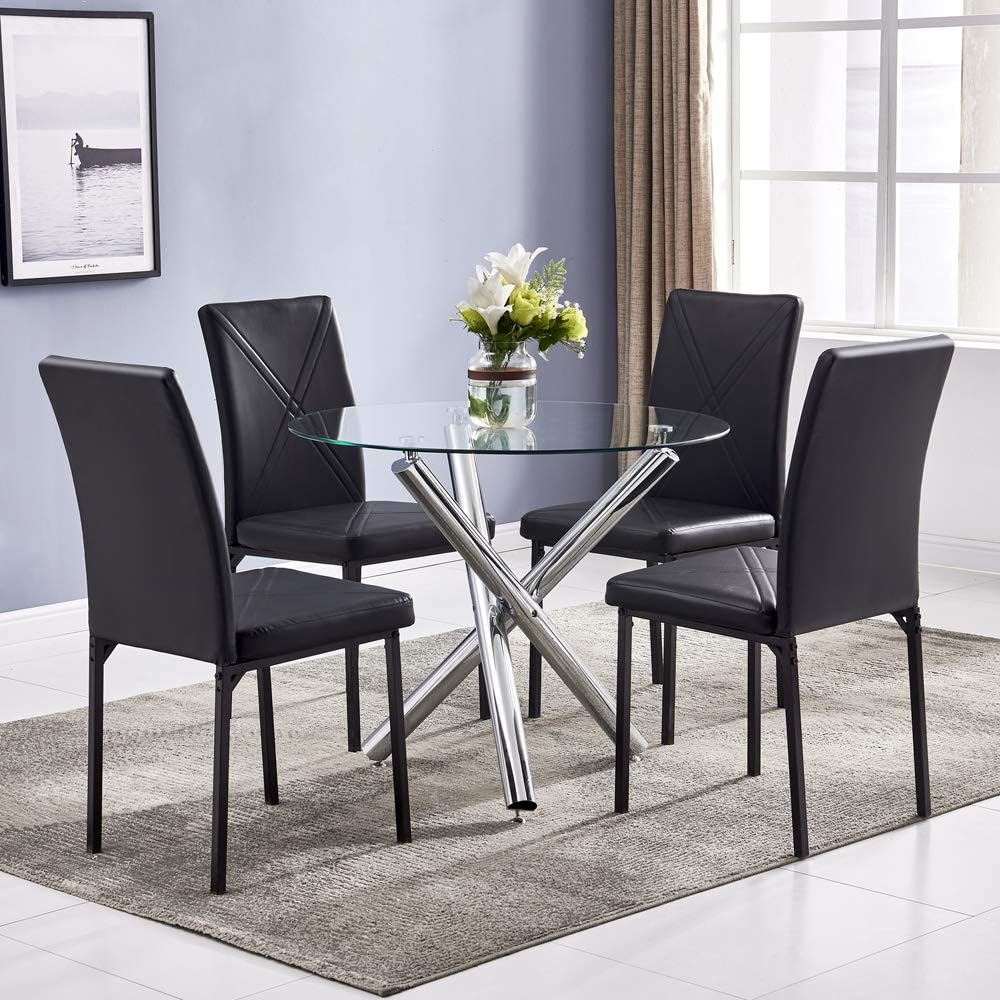 Modern Round Dining Table for 2 4 People, 36 in Glass Kitchen Dining Room Table with Silver Metal X-Shaped Legs, Space Saving Circle Dinner Tables for Dining Room, Kitchen, Living Room