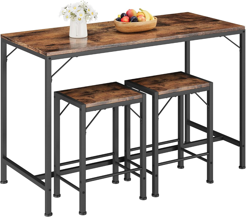 Homeiju Bar Table and Chairs Set, Dining Table with 2 Stools | Space-Saving Pub Table and Chairs, Perfect for Kitchen, Breakfast Nook, Living Room & Small Spaces (Rustic Brown)