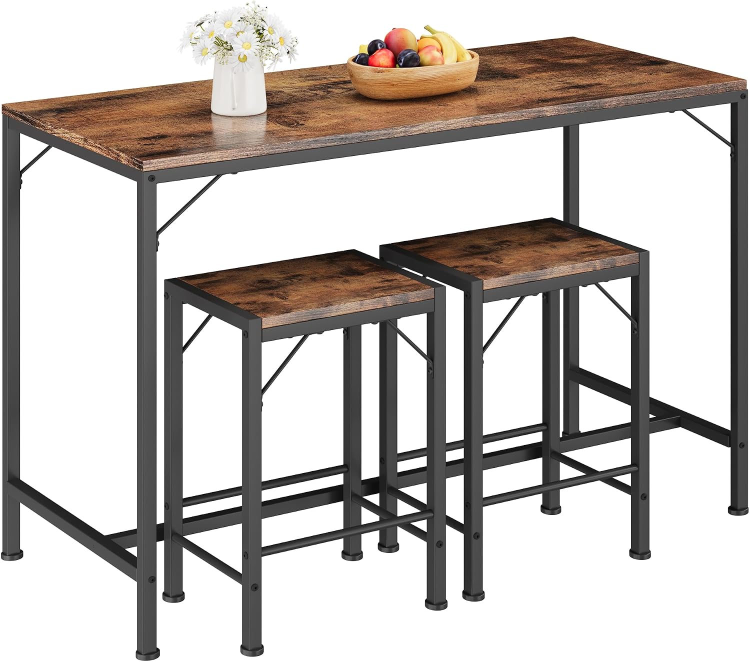 Homeiju Bar Table and Chairs Set, Dining Table with 2 Stools | Space-Saving Pub Table and Chairs, Perfect for Kitchen, Breakfast Nook, Living Room & Small Spaces (Rustic Brown)