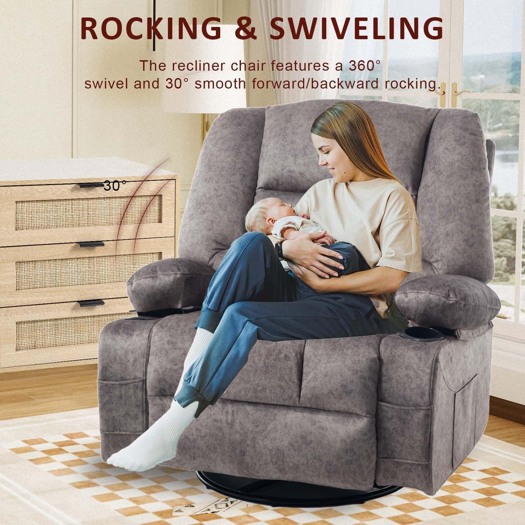 KCQ Oversized Swivel Rocker Recliner Chair with Massage Heat Cup Holders, Overstuffed Fabric Heated Massaging Swivel Glider Chair Rocking Recliner Chair, Grey