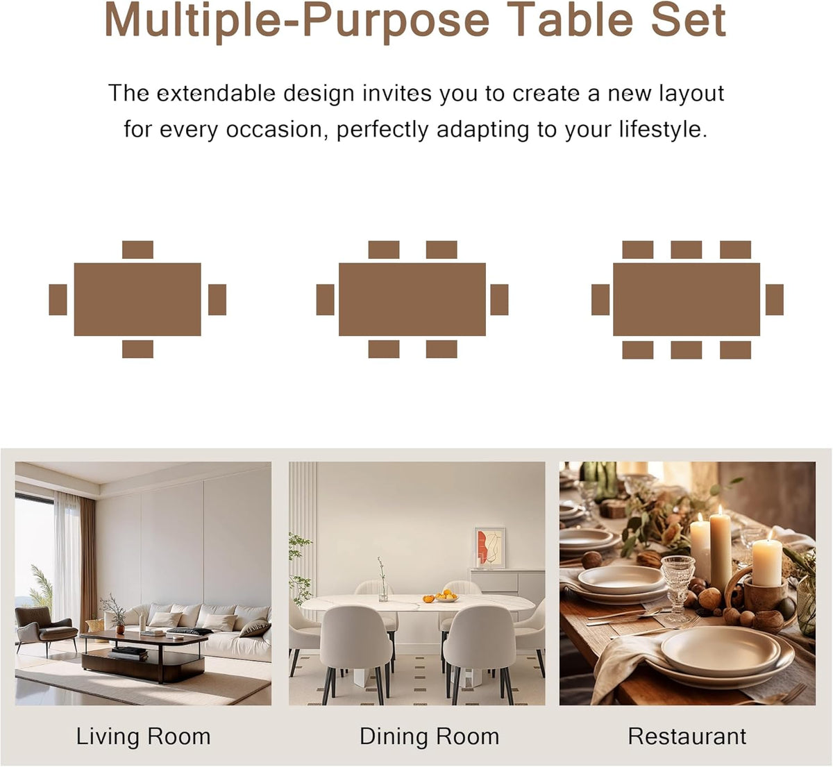 Einhomn 7-Piece Dining Table Set, 63" Extendable Kitchen Room Table with 6 Stools, Mid Century Modern Dinner Table with Metal Frame & MDF Board, Space-Saving, Easy Assembly, Black