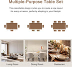 Einhomn 7-Piece Dining Table Set, 63" Extendable Kitchen Room Table with 6 Stools, Mid Century Modern Dinner Table with Metal Frame & MDF Board, Space-Saving, Easy Assembly, Walnut