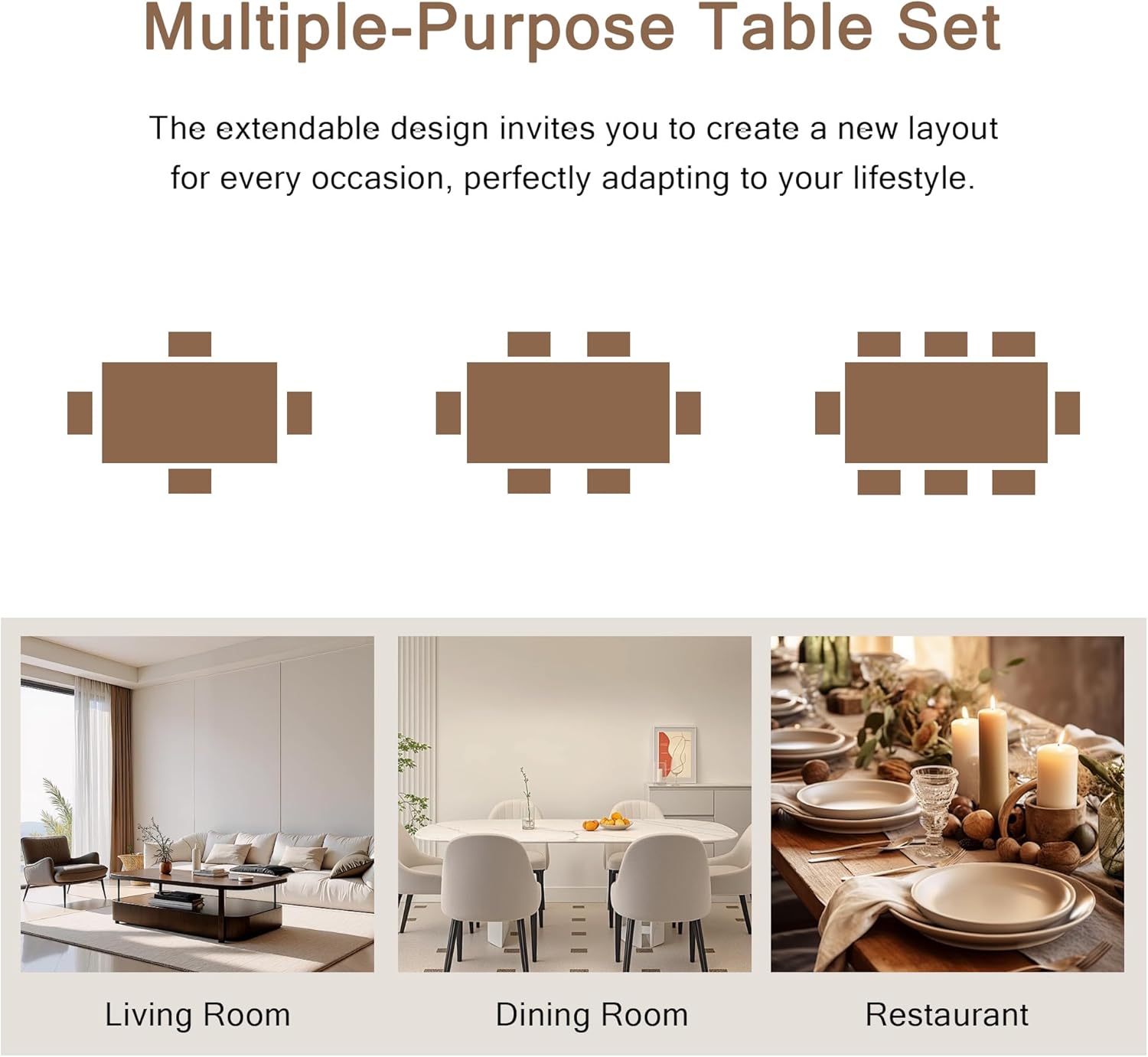Einhomn 7-Piece Dining Table Set, 63" Extendable Kitchen Room Table with 6 Stools, Mid Century Modern Dinner Table with Metal Frame & MDF Board, Space-Saving, Easy Assembly, Walnut